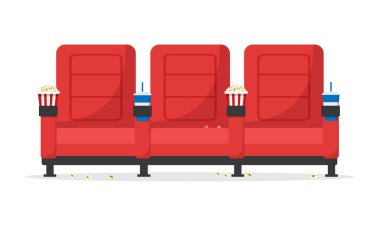 Beyaz arka planda izole edilmiş kırmızı sinema koltuklarının ön görüntüsü. Sinemada koltuklar, içkiler ve patlamış mısır. Sinema konsepti. Vektör deposu