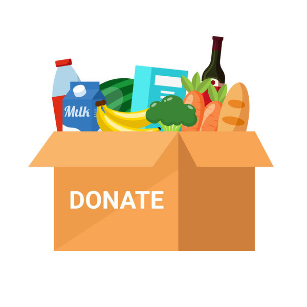 Donation box food isolated on white background. Charity concept. Vector stock