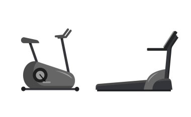 Egzersiz bisikleti ve koşu bandı beyaz arka planda izole edilmiş. Spor salonu için ekipman seti. Vektör deposu