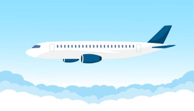 Bulutların üzerinde düz bir şekilde uçan uçak. Mavi gökyüzünde uçan uçak. Vektör deposu