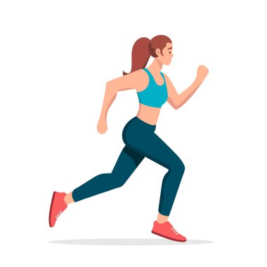 Beyaz arka planda izole edilmiş, düz stil çalışan bir kadın. Koşucu kadın. Vektör deposu