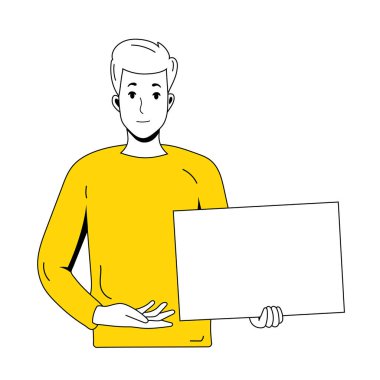 Beyaz arka planda izole edilmiş boş tabela tutan gülümseyen bir adam. Düz renkli siyah bir taslak. Vektör deposu