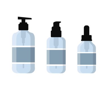 Kozmetik ürünleri için plastik şişeler beyaz arka planda izole edilmiş. Kozmetik serumu, yağ, losyon paketi. Vektör deposu