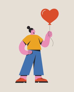 Kalp şeklinde balon tutan bir kız. Soyut çağdaş poster. Duvar sanatı tasarımı.