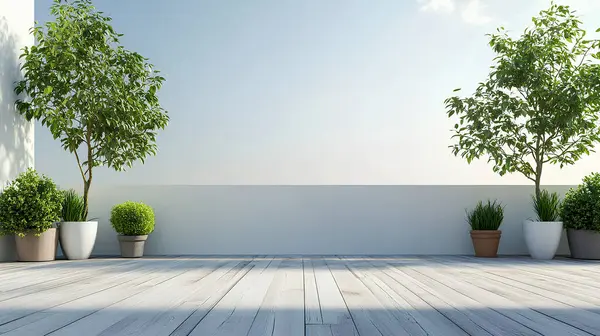 stock image Empty outdoor roof terrace with potted plants in minimal style