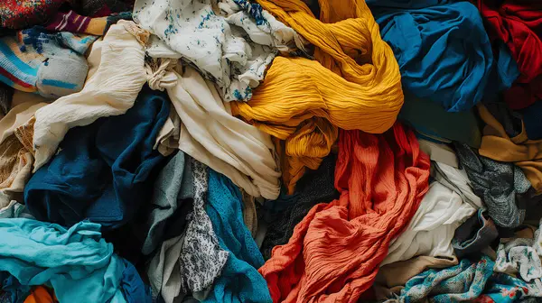 stock image A pile of old used clothing and textiles. Fast fashion and clothing recycling