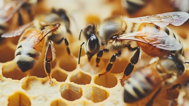 Kraliçe (apis mellifera) etrafında nokta ve arı işçileri ile işaretlenmiş - arı kolonisi yaşamı