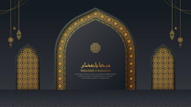 Marhaba Ya Ramazan siyah ve altın renkli arka plan İslami süslemeler ve şablonlar ile