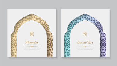 Ramazan ve bayramda İslami desenli ve dekoratif kemerli tebrik kartları