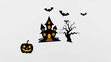 Cadılar Bayramı Animasyon Arkaplanı Cadılar Bayramı Metni, Balkabağı Kafası Silueti ve Ürkütücü Ağaç.