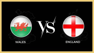  Wales, İngiltere 'ye karşı Rugby Turnuvası' nda. Daire şeklinde ülke bayrağı ve siyah arka planda ülke haritası. Vektör şablonu.