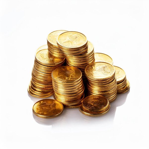 Куча золотых монет, изолированных на белом фоне Богатство, сокровища и деньги бесплатно
