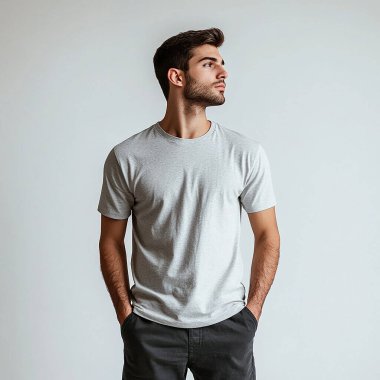 Genç beyaz adam poz veriyor ve stüdyoya bakıyor..