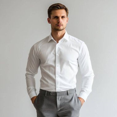 Beyaz gömlekli, siyah kravatlı yakışıklı bir adam portresi.