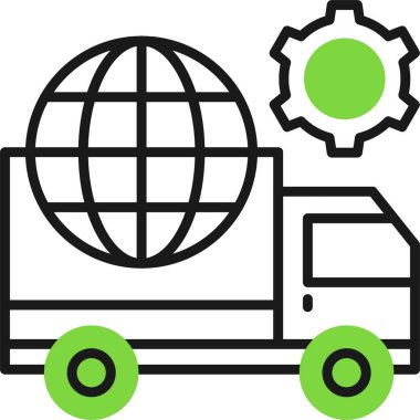 küresel lojistik vektör simgesi. biçim iki çizgili düz sembol, yumuşak yeşil renk, beyaz arkaplan.