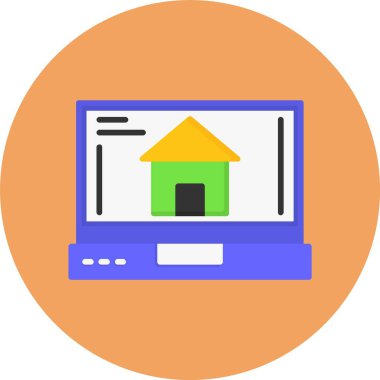 Dizüstü bilgisayar ekranındaki ev, basit vektör illüstrasyonu 