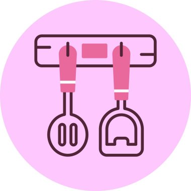 Duvarda asılı duran pembe mutfak aletleri.