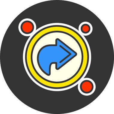 Kırmızı noktalı sarı dairenin içinde mavi ok simgesi