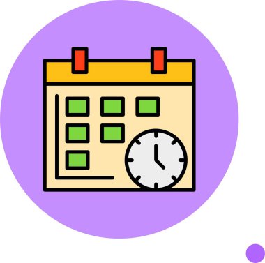 Saat ve yeşil kareleri gösteren takvim simgesi