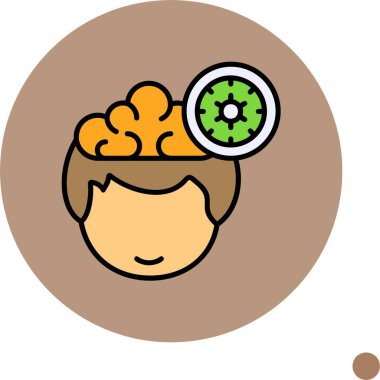 Çizgi film başı beyin ve yeşil dişli gösteriyor