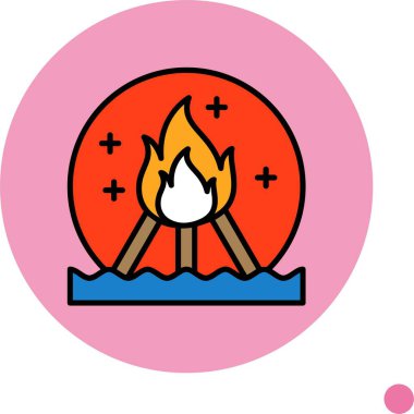 Yıldızların altında, suyun yanında yanan kamp ateşi.