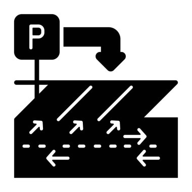 Açılı park yerlerinin üstündeki park işareti. Oklar işaret ediyor.