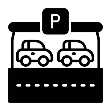 Covered parking icon, black sign isolated on white background