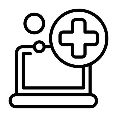 Uygulamalar veya web sayfası simgeleri için uygun bir kişi ve artı işareti olan bir dizüstü bilgisayarın siyah beyaz çizimi.