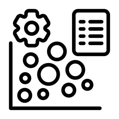 Uygulamalar veya web sayfası simgeleri için uygun, daireleri, dişlileri ve kontrol listesi olan bir grafiğin siyah beyaz çizimi.