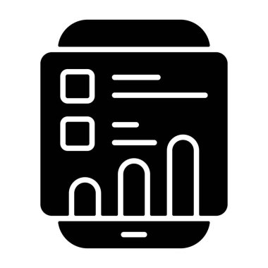 Uygulamalar veya web sayfaları için mobil bir gösterge paneli için ideal bir çubuk grafiği ve veriyi gösteren bir smartwatch dijital illüstrasyonu.