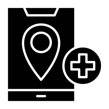 Belirgin bir konum işareti ve artı sembolü olan cep telefonu çizimi uygulamalar için mükemmel.