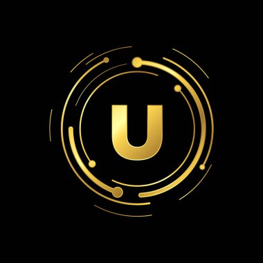 U harfi İlk Altın Rengi Siber Çokluortam Logosu
