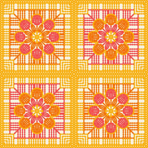 stock vector Granny square with eight petal crochet flower in pink, orange and yellow in crocheted squares. Happy bold DIY seamles vector pattern resembling the handicrafts of the 1960s and the 1970s.