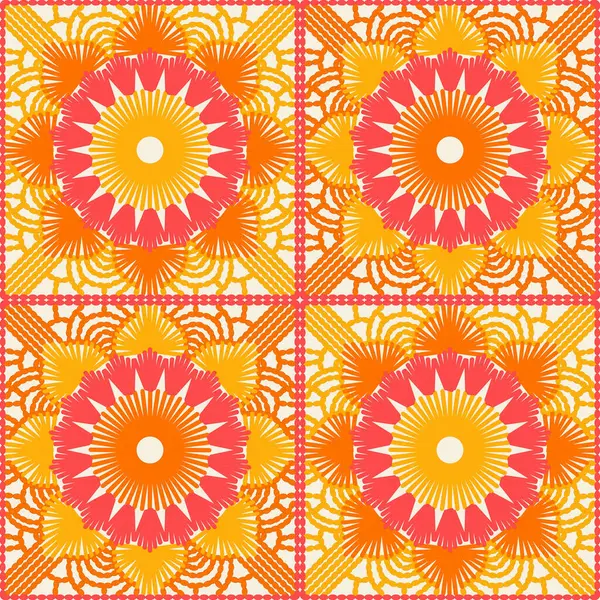 stock vector Granny square with crochet style Christmas flower star in orange, yellow and pink. 1960s 1970s DIY style geometric seamless vector pattern.