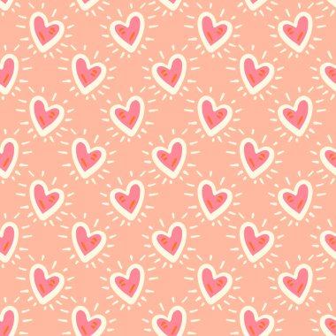Yumuşak pastel klasik şeftali rengi arka planda bej beyaz çizgileri olan pembe kalpler yayıyor. Düğünler ve küçük kızlar için süper sevimli romatik aşk modeli.