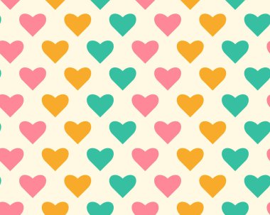 Cesur geometrik kalpler mutlu geçmişe dönük sarı, turkuaz yeşil ve yumuşak pembe düz bir arkaplanda. Romantik dekor, çocuk odası duvar kâğıdı ve eski tarz iç dekorasyon için eğlenceli desen.