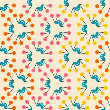 Kirazlardan oluşan soyut daireler koyu retro turuncu, klasik pembe ve bej beyaz arka planda sıcak sarı. Eğlenceli, kusursuz vektör besin kalıbı.