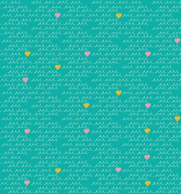 Mavi yeşil zemin üzerinde bej beyaz el çizimi dalgalar yumuşak pembe ve klasik sarı kalpler. Çocuklar için mutlu yaz tatilleri..