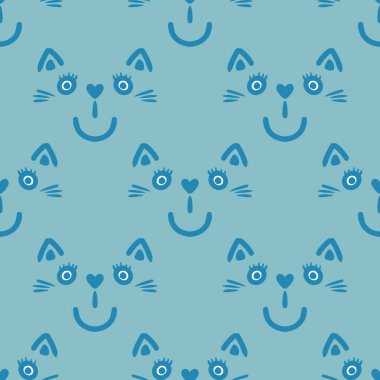 Gri mavi bir arka planda mutlu gülümseyen orta mavi kedi yüzleri. Her yaştan kedi severler için kusursuz vektör deseni.