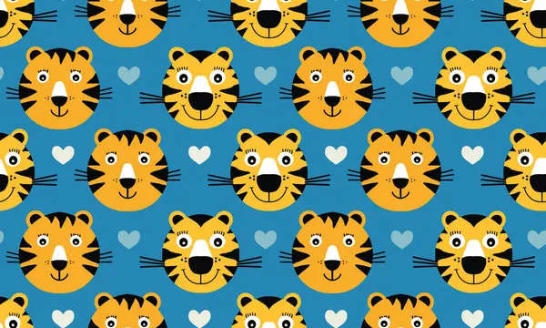 Eski mavi arka planda beyaz kalpli iki küçük kaplan çocuğunun yüzleri. Çocuklar için mutlu kusursuz vektör deseni.