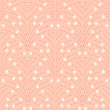Kitschy 1950 'lerin şeftali pembesi üzerinde klasik bej beyaz noktalar olan ölçek şekillerinde soyut ince çizgiler. Soyut geometrik retro çiçekli kusursuz vektör deseni.