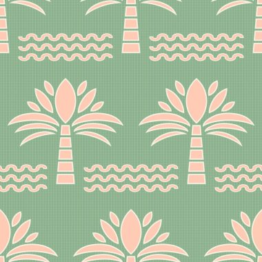 Geometrik sıcak sarı geometrik palmiye ağaçları ve yumuşak, ucuz, 1950 'lerin vanilya sarısı üzerinde bej beyaz çizgileri olan dalgalar. Plaj manzarası, mayo, retro his için kusursuz vektör deseni.