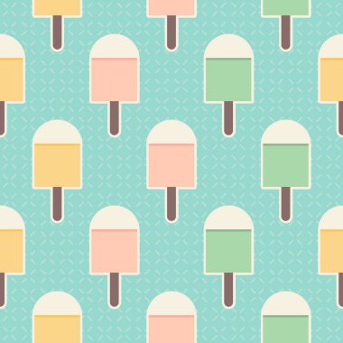 Geometrik nane yeşili, şeftali pembesi ve vanilya sarısı ucuz 1950 'ler pastel dondurma lolipopları açık deniz mavisi ve klasik bej beyaz serpiştirilmiş. Eğlenceli, mutlu, sorunsuz bir yaz yemeği..