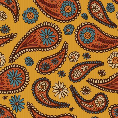 1970 'lerin retro hardal sarısı, ılık turuncu, yakut kırmızısı, grimsi mavi, bej bej beyazı çiçekli desenler. Çiçek gücü ruhuna sahip kusursuz vektör deseni.