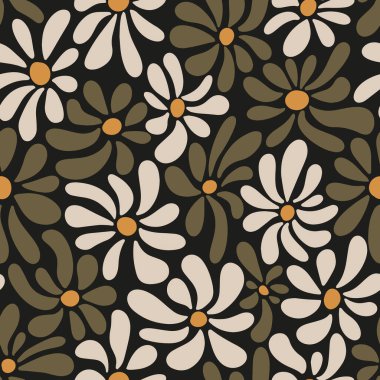 Bej beyazı ve antika zeytin yeşili hardal akıcı kıvrımlı papatya çiçekleri koyu huysuz gri siyah. İç tasarım, yatak, perde, duvar kâğıdı gibi iç tasarım için çarpıcı çiçek desenli retro 1970 'lerin lüks, kaliteli, kusursuz, kusursuz vektör deseni..