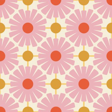 Elle çizilmiş geometrik yumuşak pastel, ucuz, 1950 'lerin güneş çiçekleri ve krem rengi kahverengi daireler ve desenli bej bej bej üzerine sarı çizgiler. Mutlu retro mutfak kusursuz yaz vektör deseni.