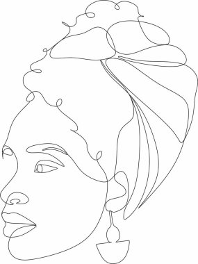Çizgi Sanat Kadını Yüzü Çizimi. Siyah kadın vektör. Afro-Amerikan Kadın Logosu. Conturing Hattı. Minimalist Yüz. Güzellik salonu