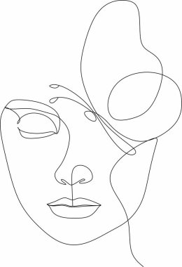 Bir çizgi vektör çizimi ile soyut kadın yüzü. Portre minimalist stil. Botanik parmak izi. Kozmetiğin doğa sembolü. Modern sürekli çizgi sanatı. Moda baskısı. Güzellik salonu logosu.