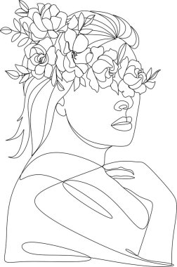 Bir çizgi vektör çizimi ile soyut kadın yüzü. Portre minimalist stil. Botanik parmak izi. Kozmetiğin doğa sembolü. Modern sürekli çizgi sanatı. Moda baskısı. Güzellik salonu logosu.