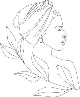 Bir çizgi vektör çizimi ile soyut kadın yüzü. Portre minimalist stil. Botanik parmak izi. Kozmetiğin doğa sembolü. Modern sürekli çizgi sanatı. Moda baskısı. Güzellik salonu logosu.